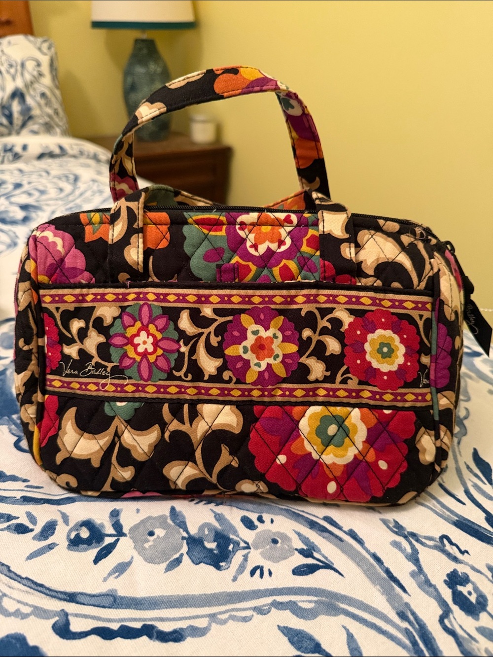 Vera Bradley Black Multi Quilted Floral Cosmetic Bag with Handles
